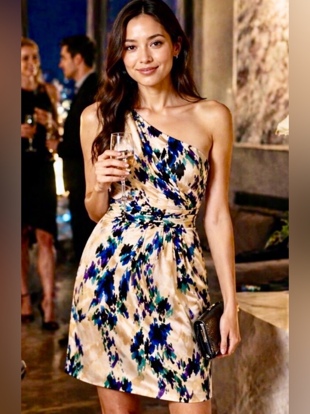 Antonio Melani Cream Blue Multi-Color One Shoulder‎ Dress Sz 2 Cocktail Wedding
